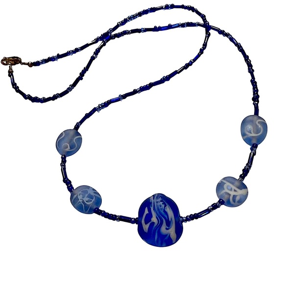Handmade Jewelry - Painted Blue Sea Glass Hand Crafted Beaded Necklace